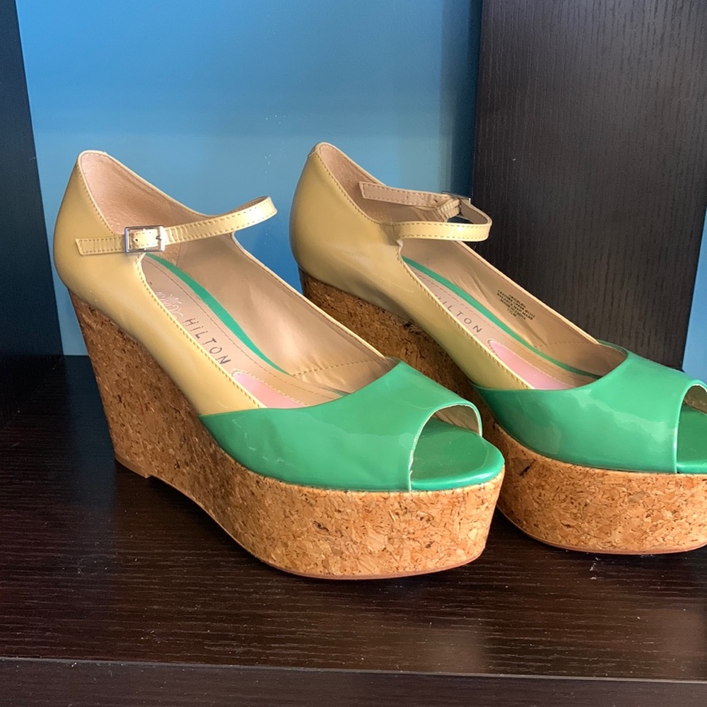 Paris Hilton Green Patent and Tan Cork Wedge Peep-Toes